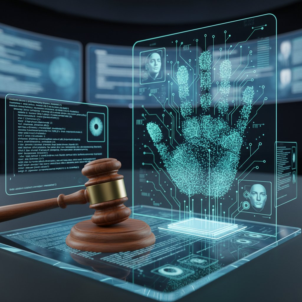 Fotografia przedstawiająca symboliczne połączenie technologii: kod komputerowy, młotek sędziowski i dane biometryczne