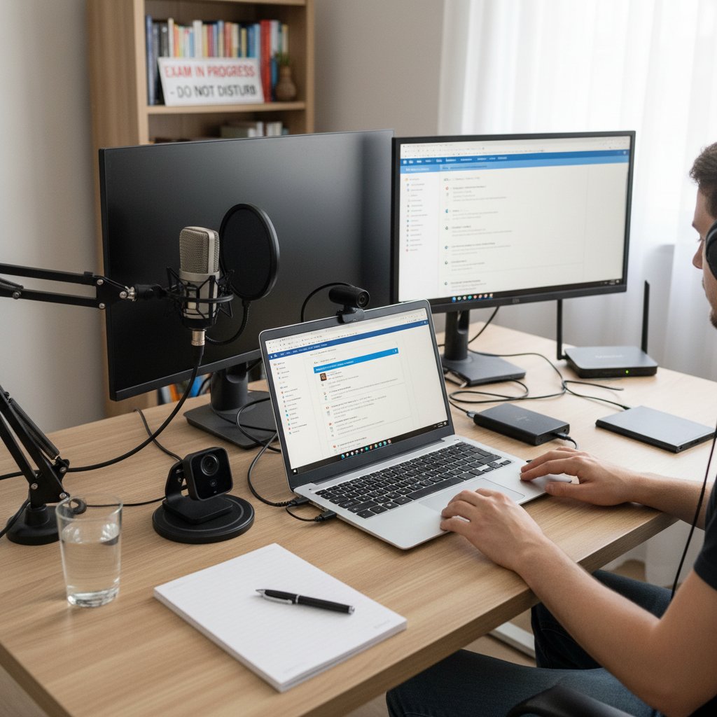 Sprzęt komputerowy na biurku, kamera, mikrofon, egzamin online, backup sprzętu