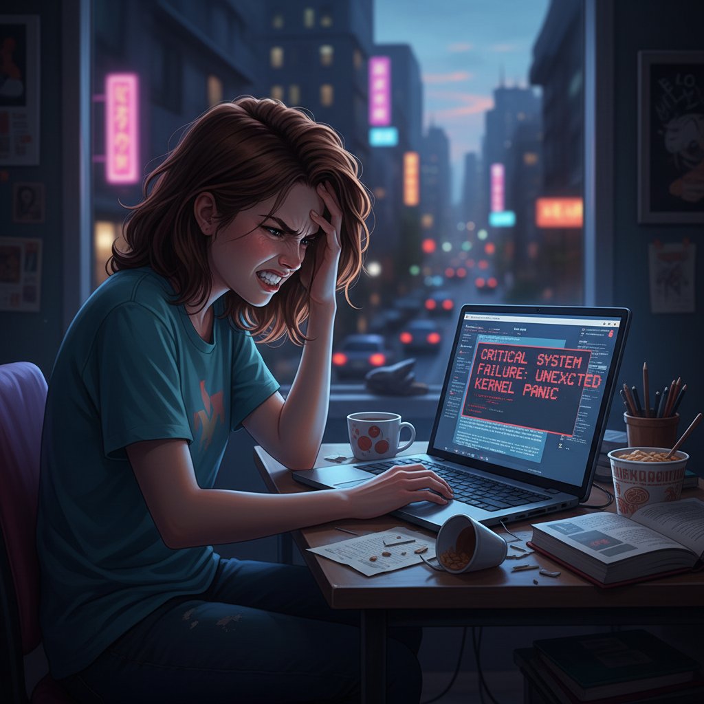 Ekran komputera z wyskakującym błędem, polski uczeń w tle trzyma głowę z frustracją, blokowisko za oknem