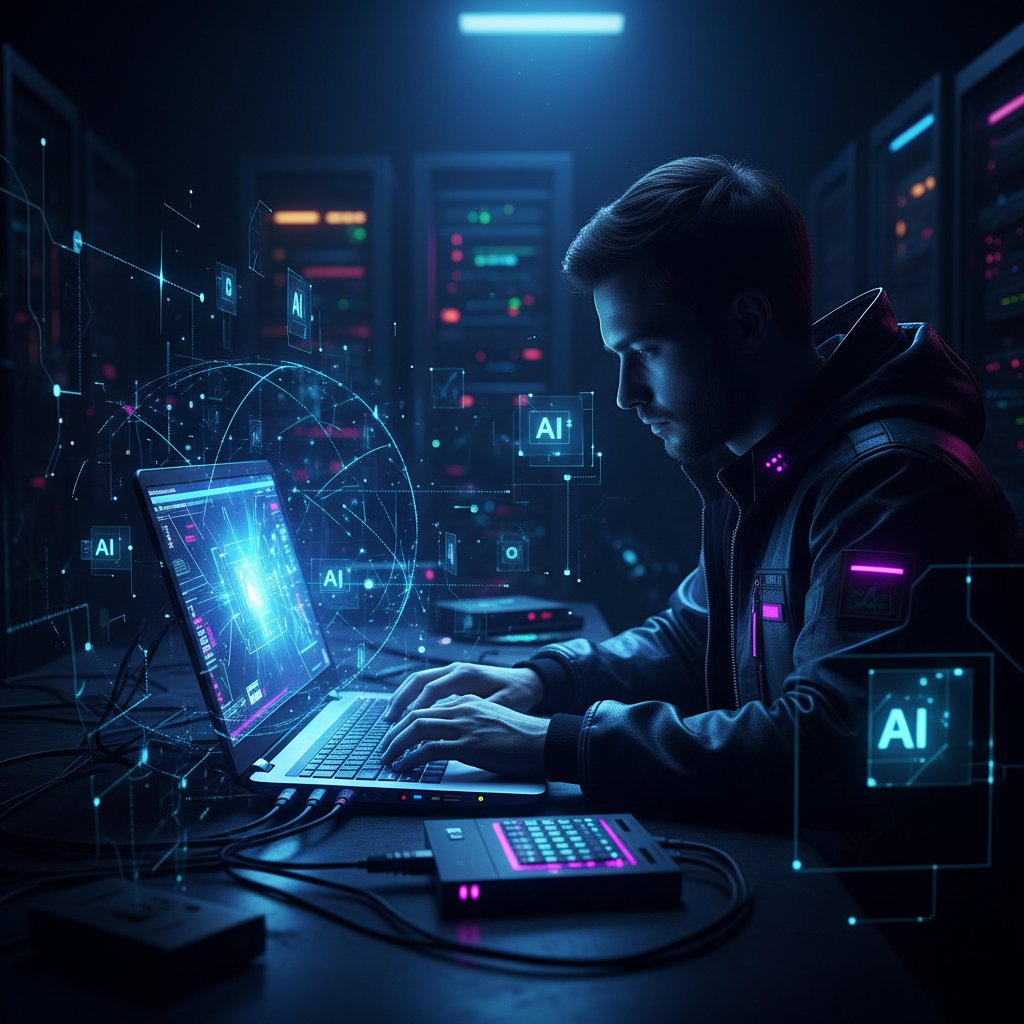 Grafik komputerowy pracuje przy laptopie z widocznymi elementami AI, intensywne światło i kontrast