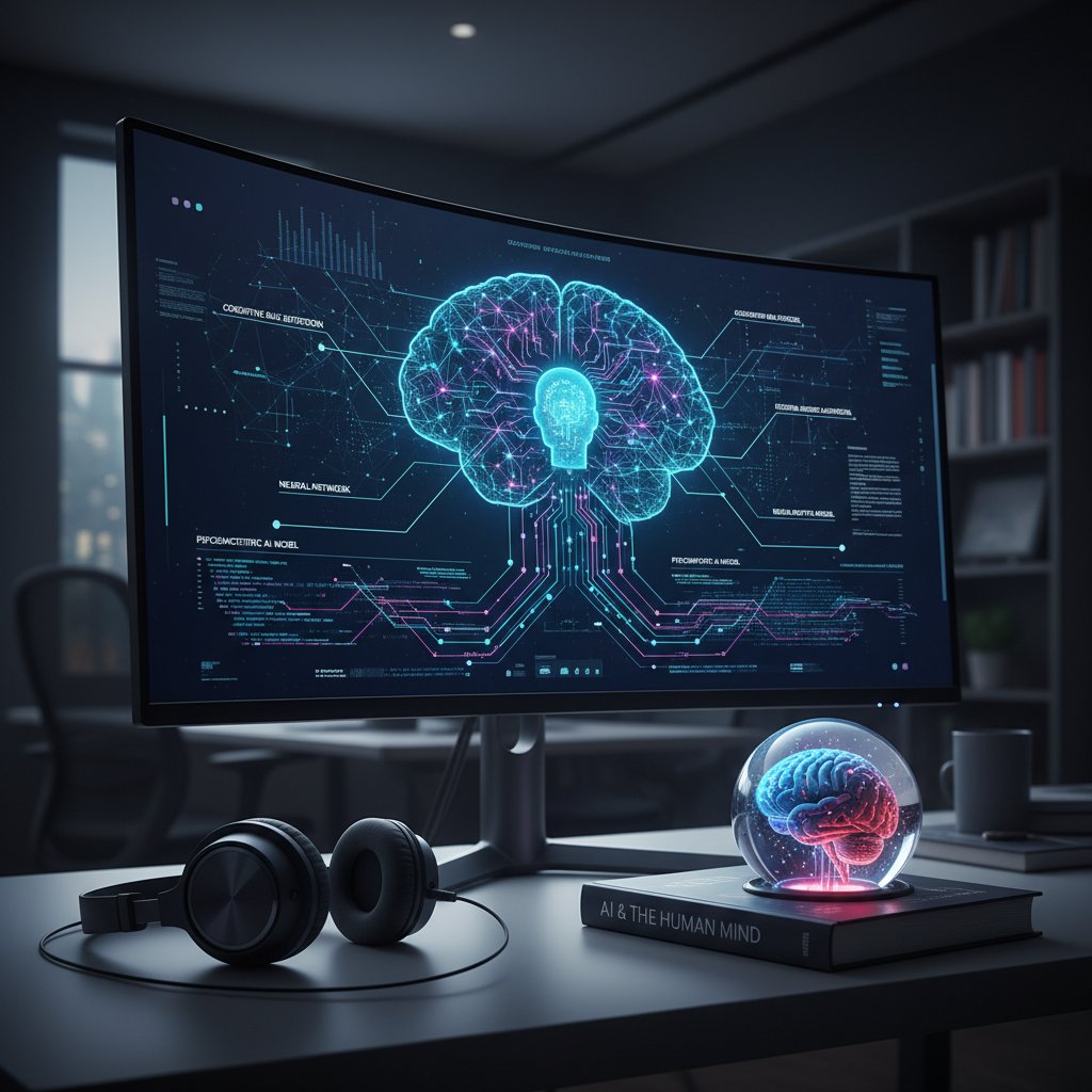 Zdjęcie monitora komputerowego z analizą danych, osoba w tle zamyślona – symbol AI w psychologii