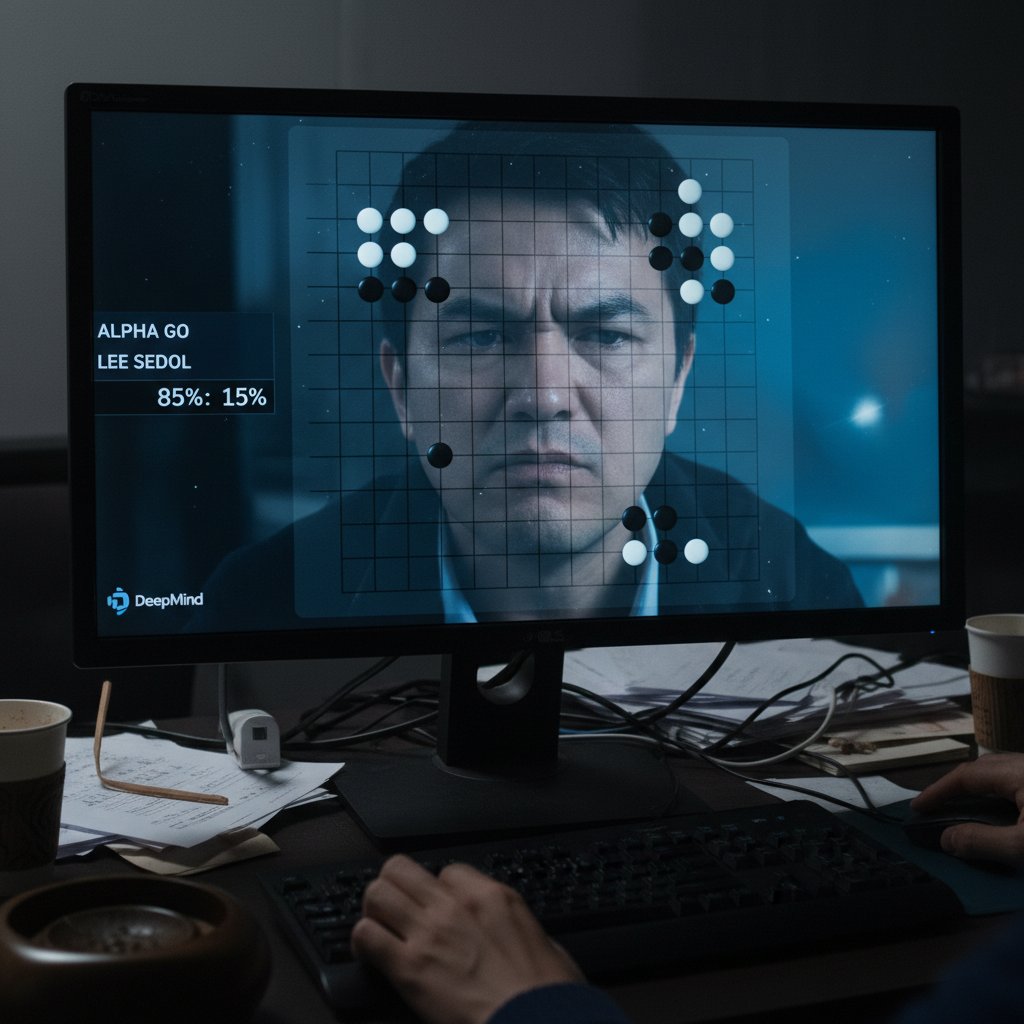 Komputerowy monitor z wyświetloną grą Go podczas historycznego meczu AlphaGo z Lee Sedolem, skupienie i napięcie