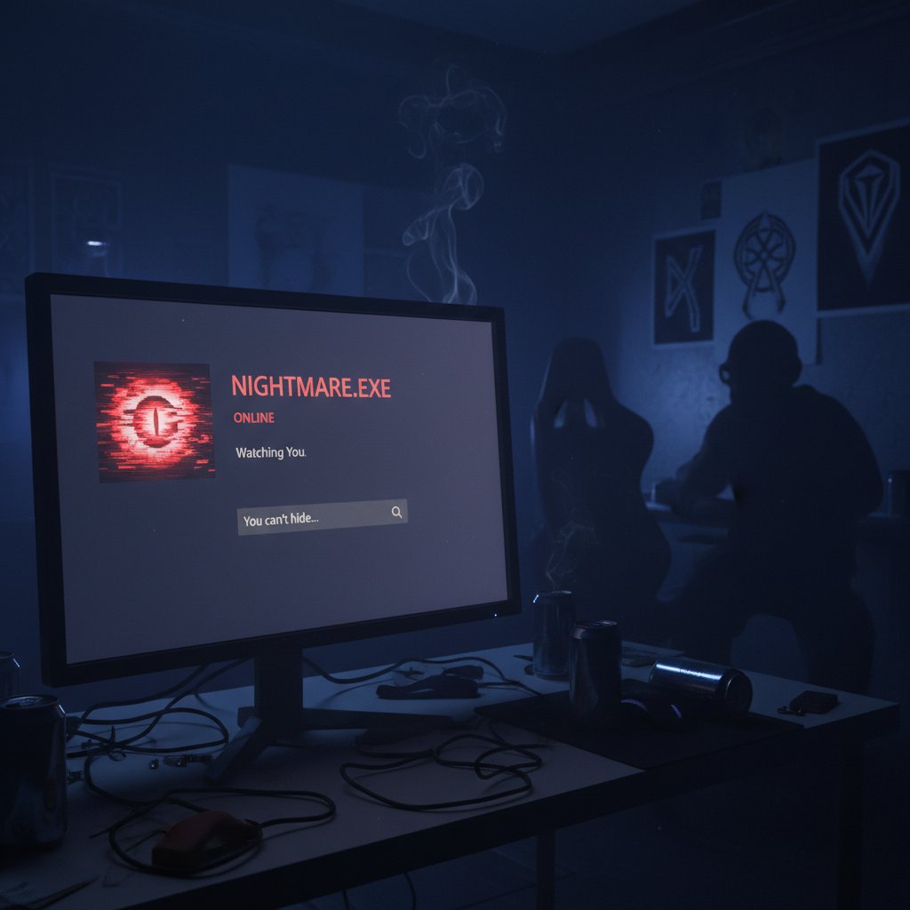 Zbliżenie na monitor komputera z podejrzanym profilem Discord, ciemny pokój, atmosfera zagrożenia