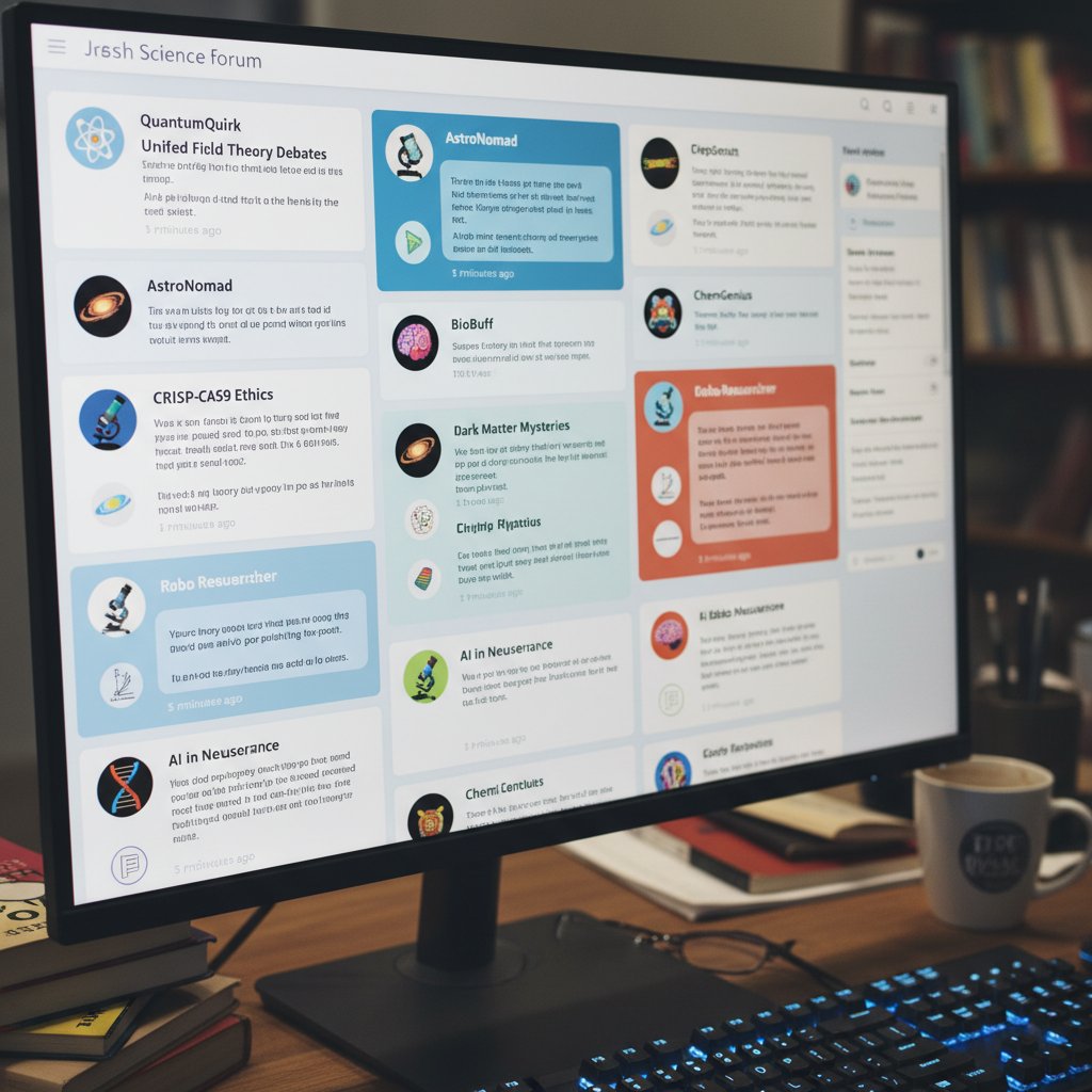 Ekran komputera z aktywnym forum naukowym i różnorodnymi użytkownikami