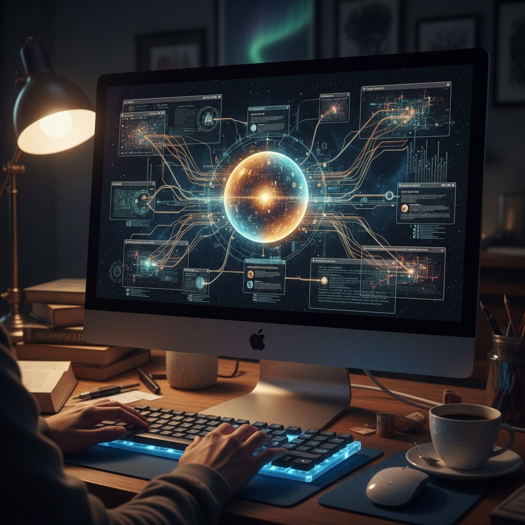 Zbliżenie na ekran komputera z analizą filozoficzną generowaną przez AI, symboliczne światło