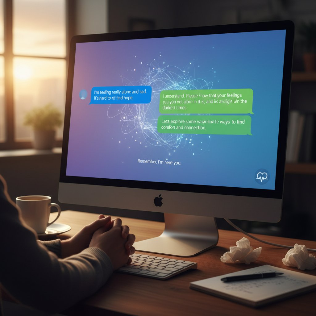 Zbliżenie na ekran komputera z konwersacją AI, emocjonalny wydźwięk tekstu