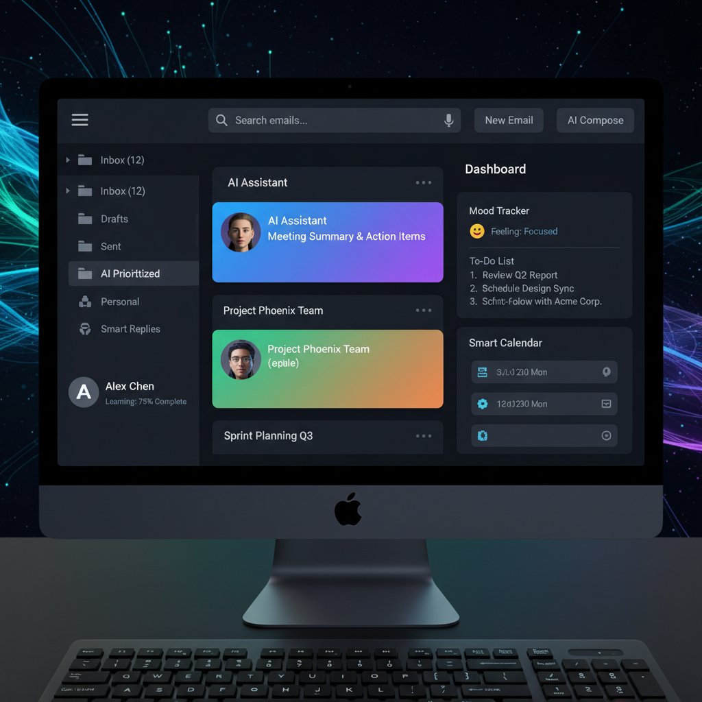 Zbliżenie na ekran komputera z otwartą aplikacją AI do obsługi email, nowoczesne UI, elementy personalizacji