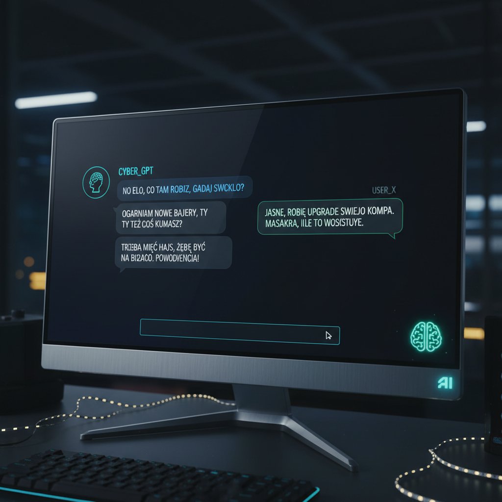 Zbliżenie na ekran komputera z rozmową tekstową AI w polskim slangu, nowoczesne otoczenie