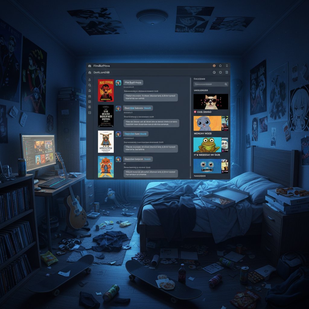 Ekran komputera z otwartym czatem, w tle plakaty filmowe i memy, młodzieżowy pokój