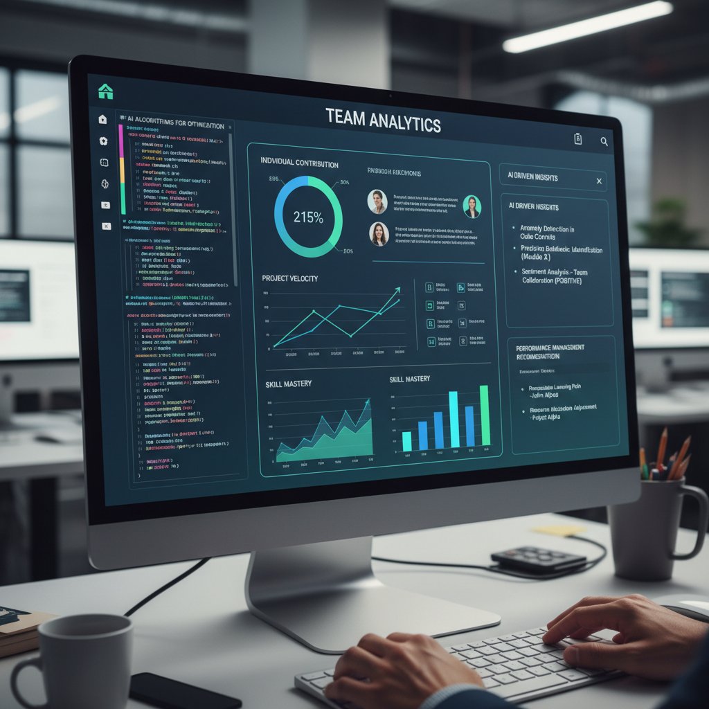 Close-up of a computer screen filled with code, data points, and team analytics, representing AI algorithms processing team performance data