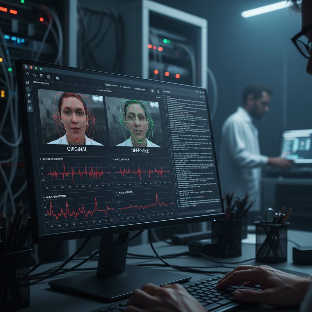 Ekran komputera z analizą deepfake'u w laboratorium bezpieczeństwa