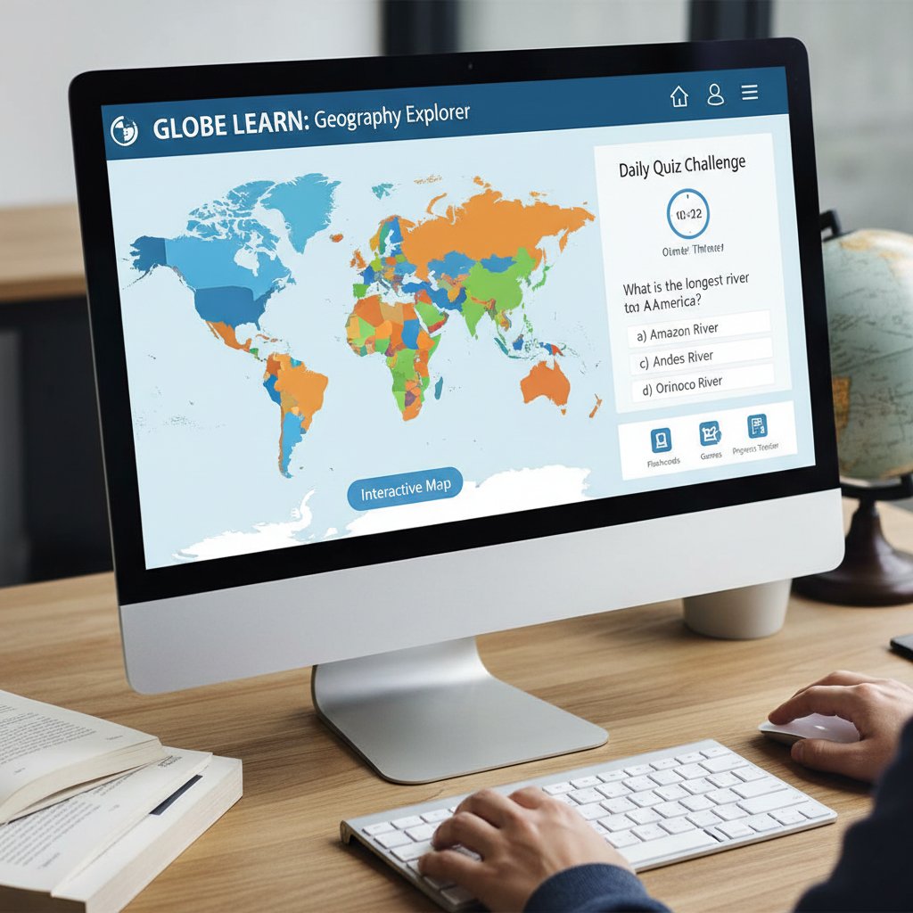 Ekran komputera z otwartą platformą edukacyjną do nauki geografii online, widoczne mapy i quizy