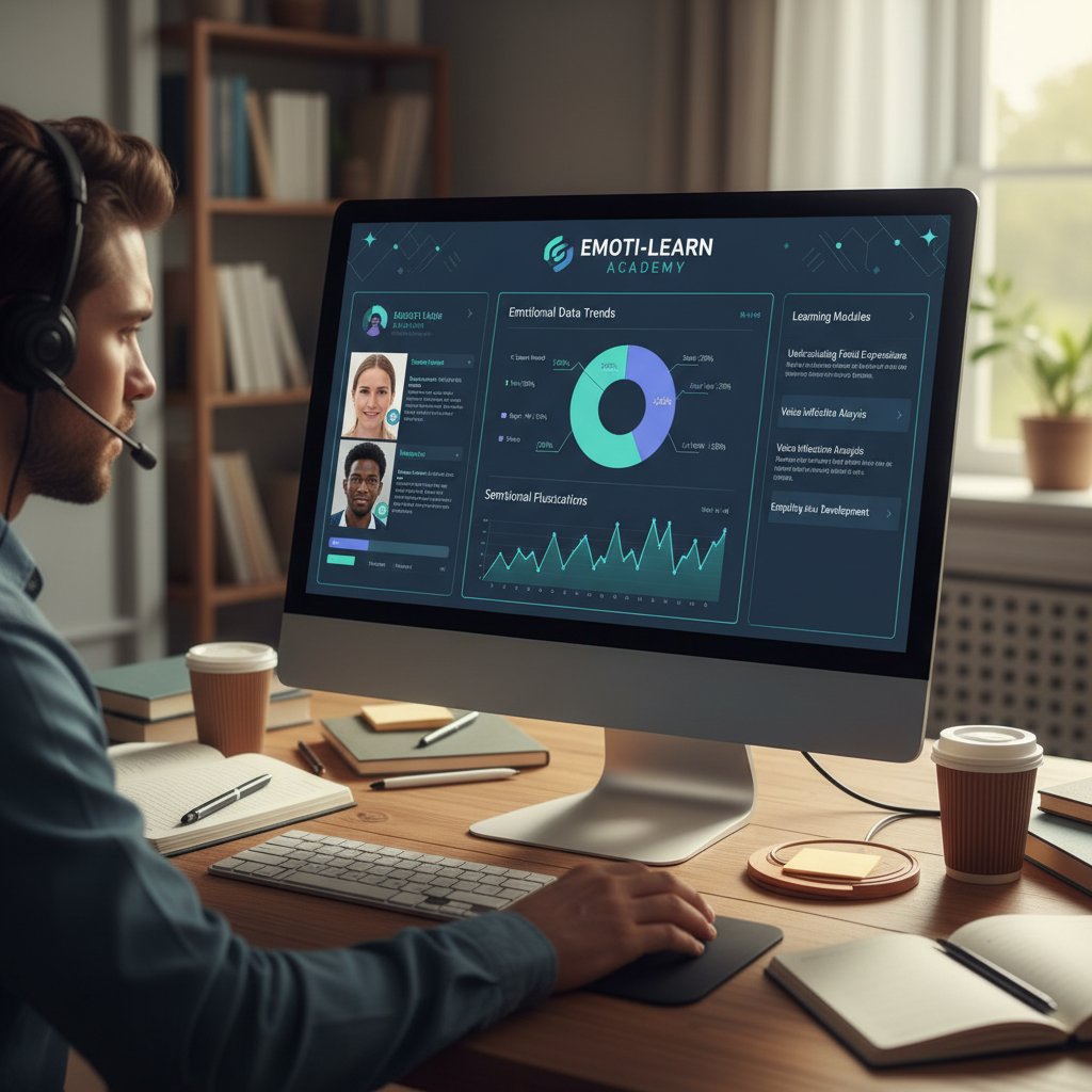 Ekran komputera z portalem edukacyjnym, obok osoba analizująca dane emocjonalne