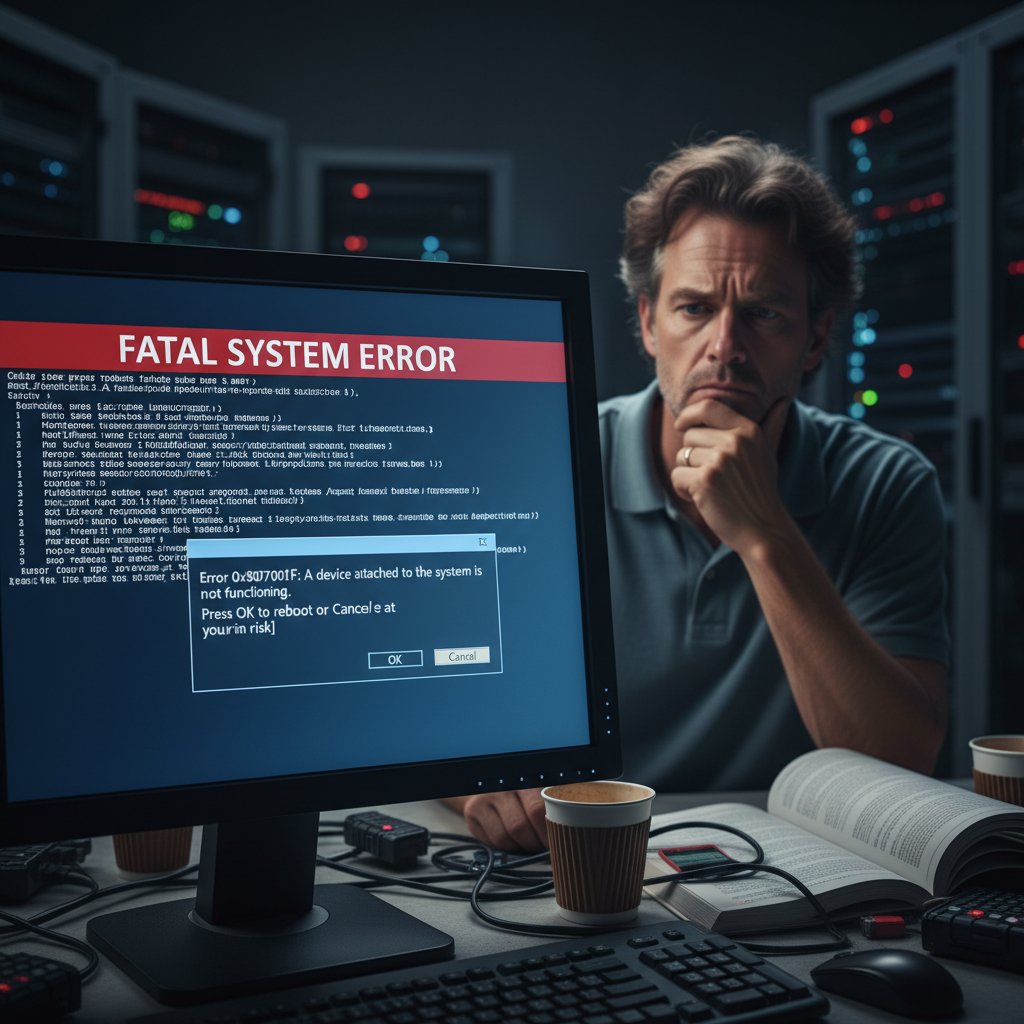 Ekran komputera z napisem „ERROR” i zdezorientowany administrator