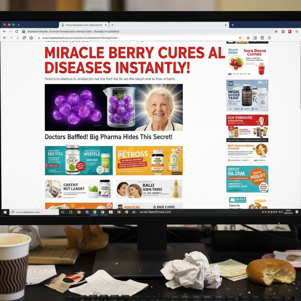 Zdjęcie przedstawiające ekran komputera z wyświetloną stroną internetową i przekłamanymi informacjami zdrowotnymi