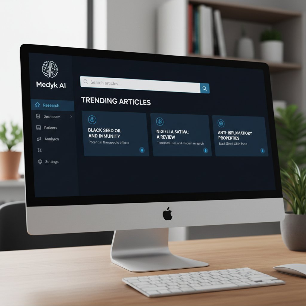 Ekran komputera z otwartą stroną medyk.ai i artykułami o czarnuszce