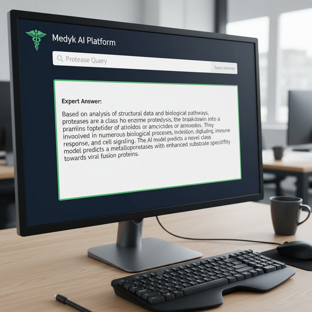 Zdjęcie ekranu komputera z otwartą platformą medyk.ai, widoczne zapytanie o proteazy i szybka, ekspercka odpowiedź