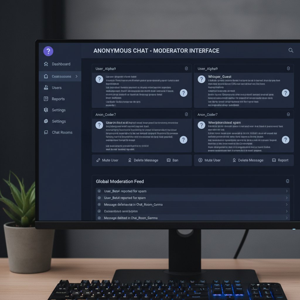 Ekran monitora z otwartym panelem moderatora, aplikacja do rozmów anonimowych