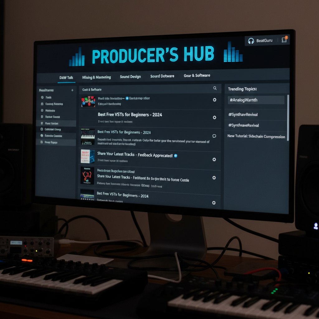 Ekran komputera z otwartym forum muzycznym, aktywna dyskusja, produkcja muzyczna online