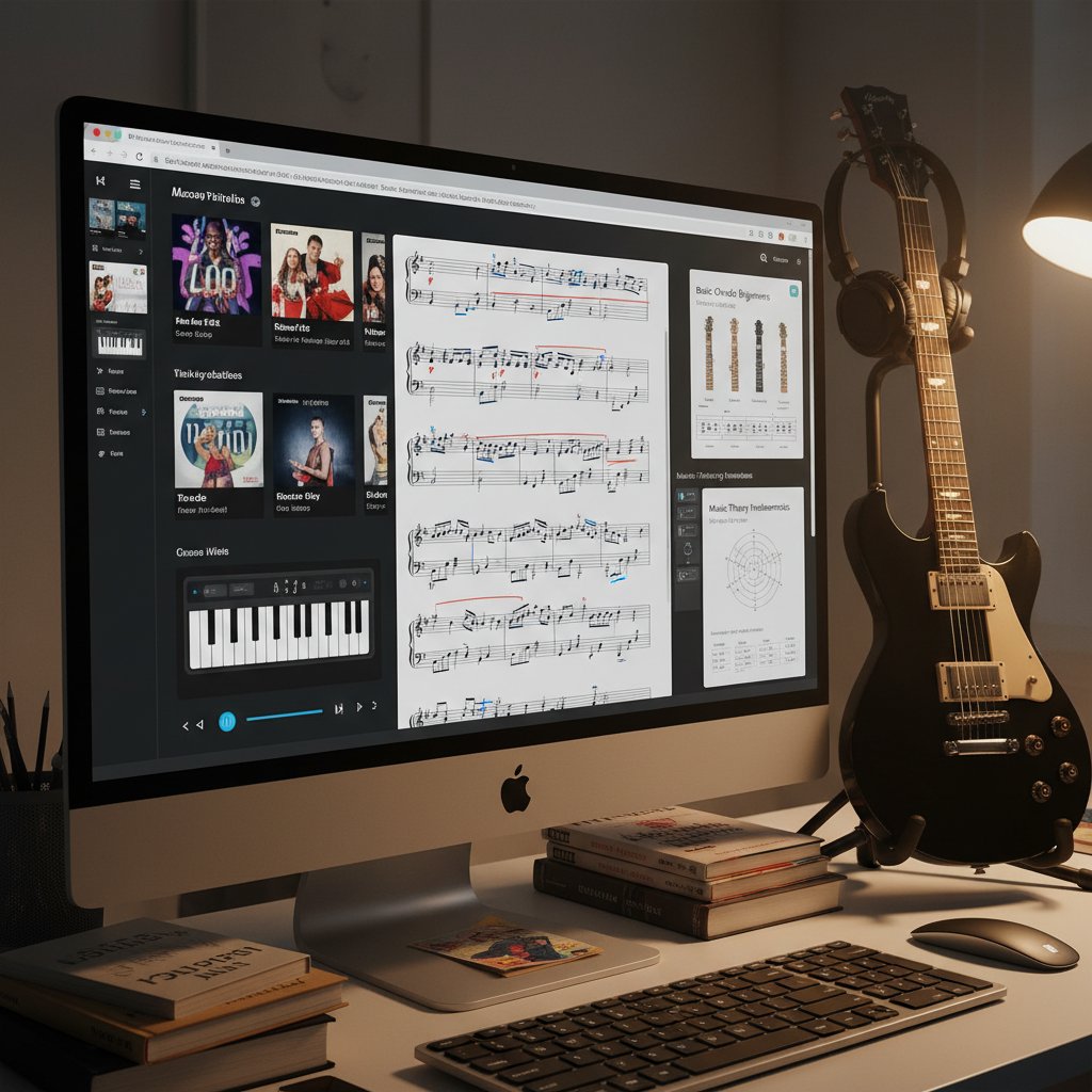 Ekran komputera z otwartymi platformami muzycznymi, nuty i gitara obok, słowa kluczowe: nauka akordów online, materiały edukacyjne