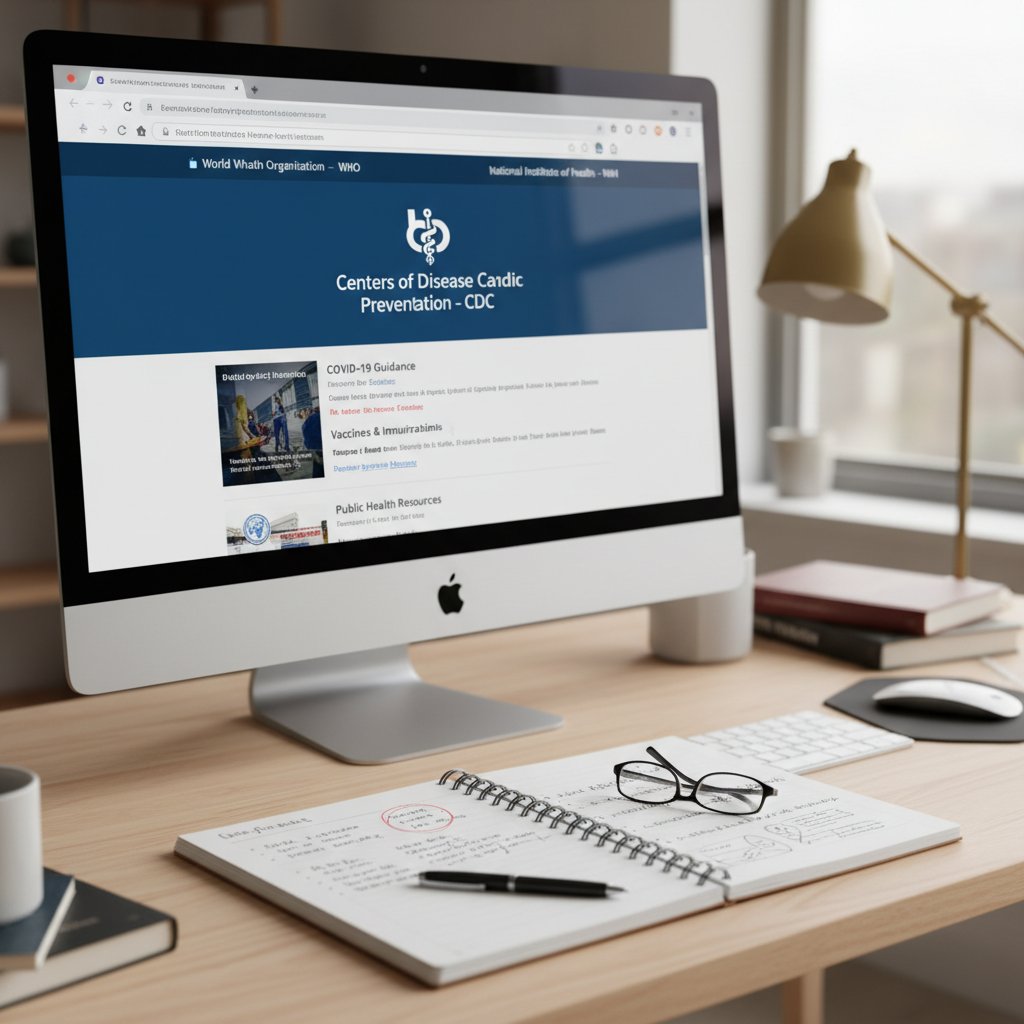 Ekran komputera z otwartymi oficjalnymi stronami zdrowotnymi, notatki i długopis na biurku; klimat: organizacja, temat: rzetelne źródła zdrowotne