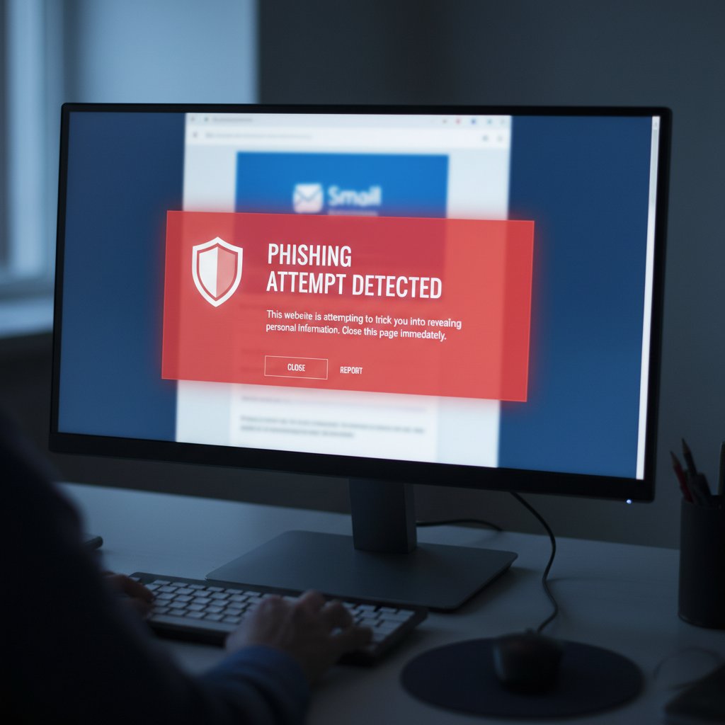 Zdjęcie komputerowego ekranu z ostrzeżeniem przed phishingiem, portale społecznościowe dla samotnych