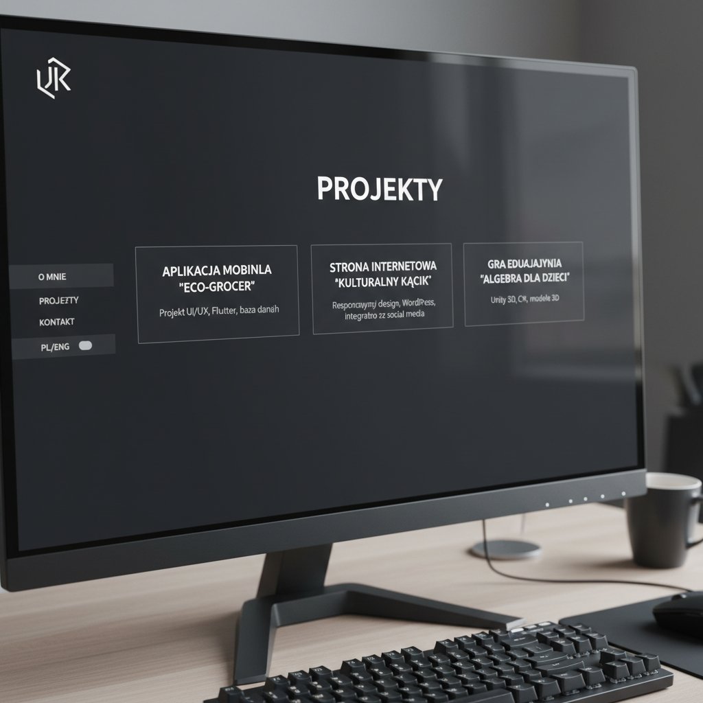 Ekran komputera z otwartą stroną portfolio, projekty, napisy po polsku