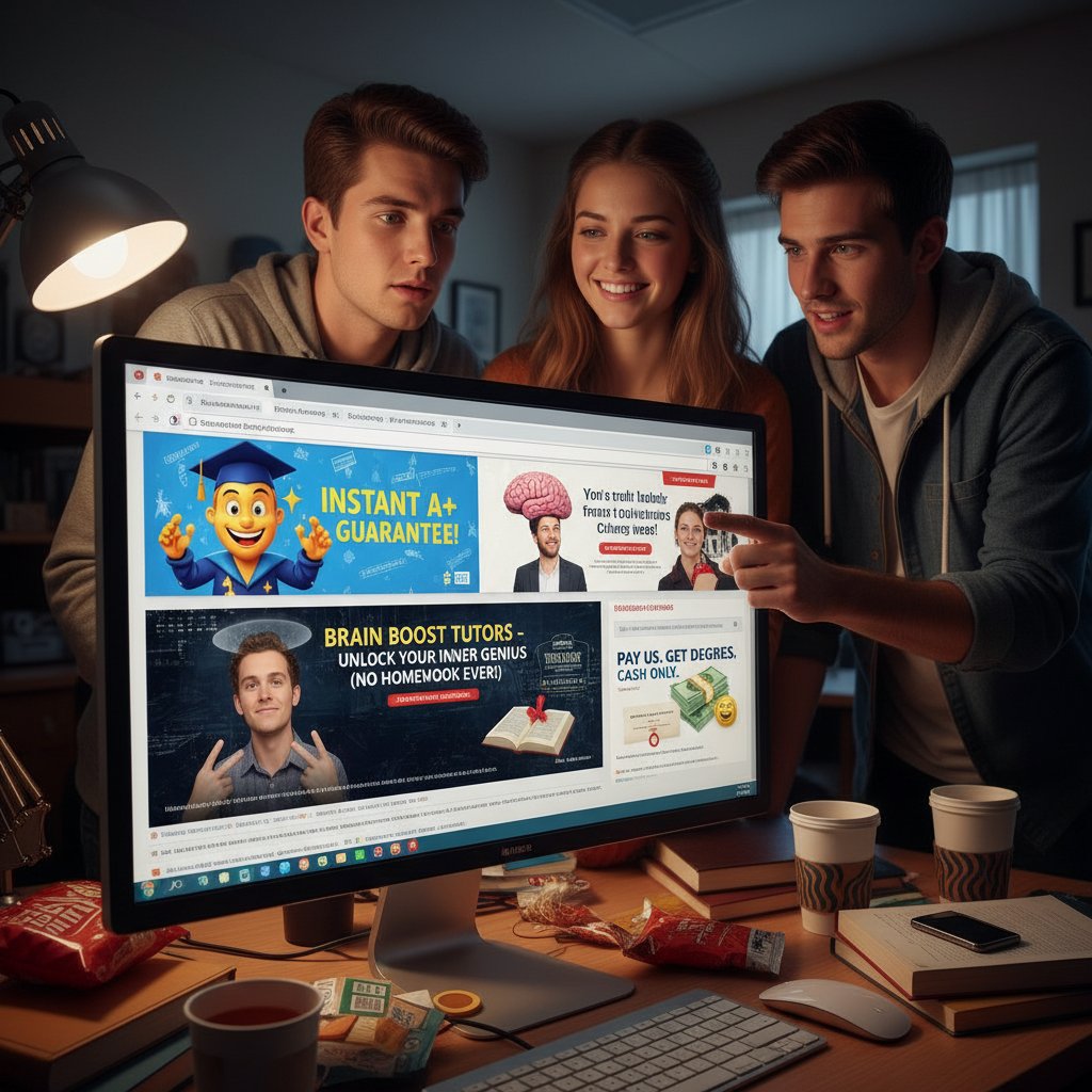 Uczniowie na ekranie komputera przeglądają podejrzane ogłoszenia o korepetycjach online