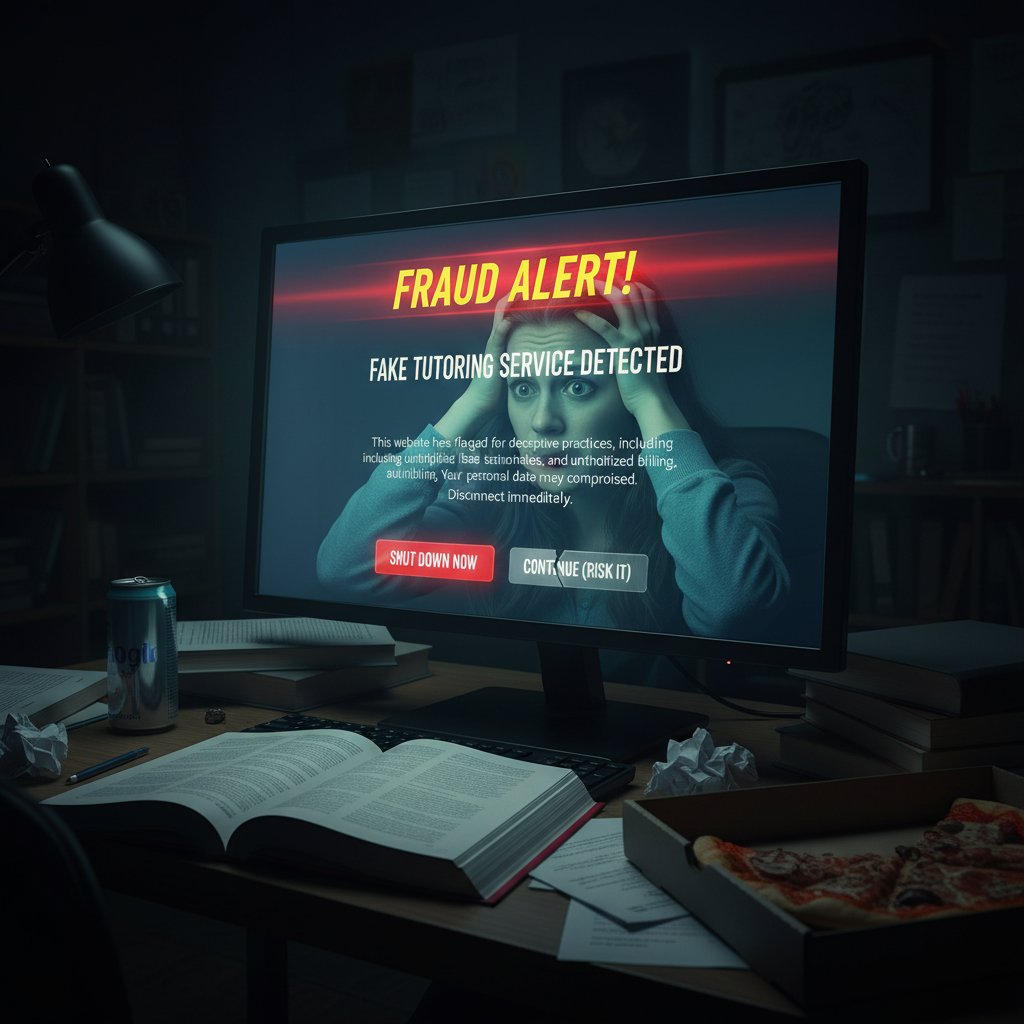 Zbliżenie na ekran komputera z ostrzeżeniem o fałszywych korepetycjach, stresująca atmosfera