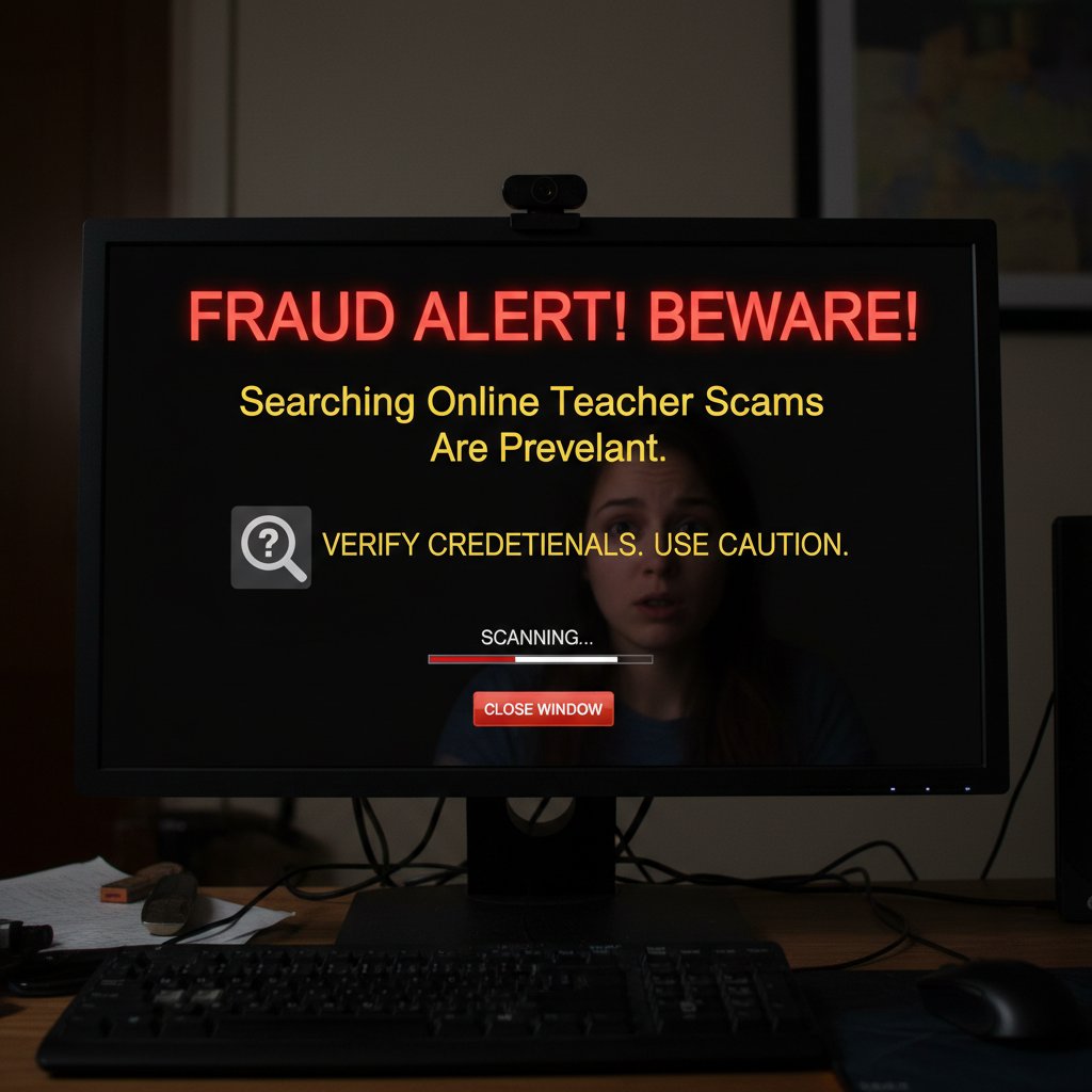 Zbliżenie na ekran komputera z ostrzeżeniem o oszustwie, osoba szuka nauczyciela online