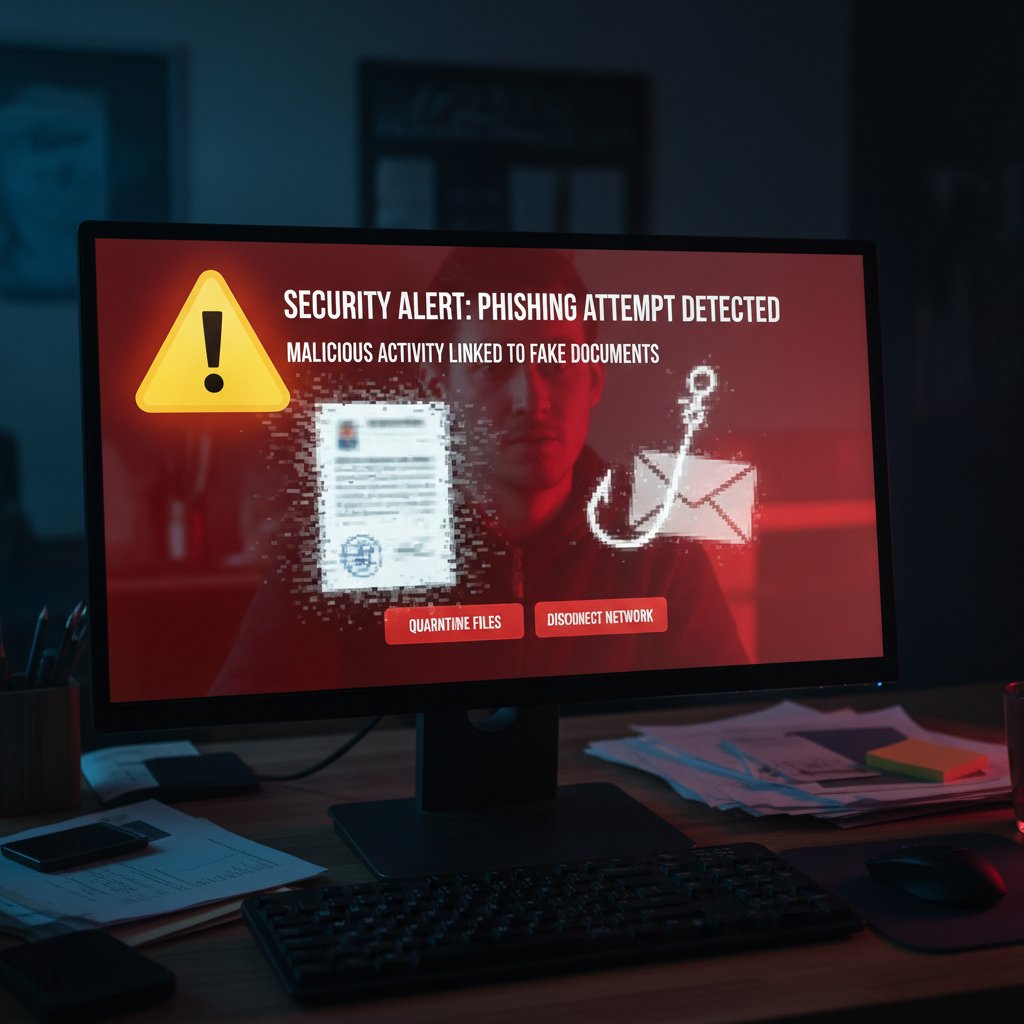 Zdjęcie monitora z ostrzeżeniem o phishingu i fałszerstwie dokumentów elektronicznych