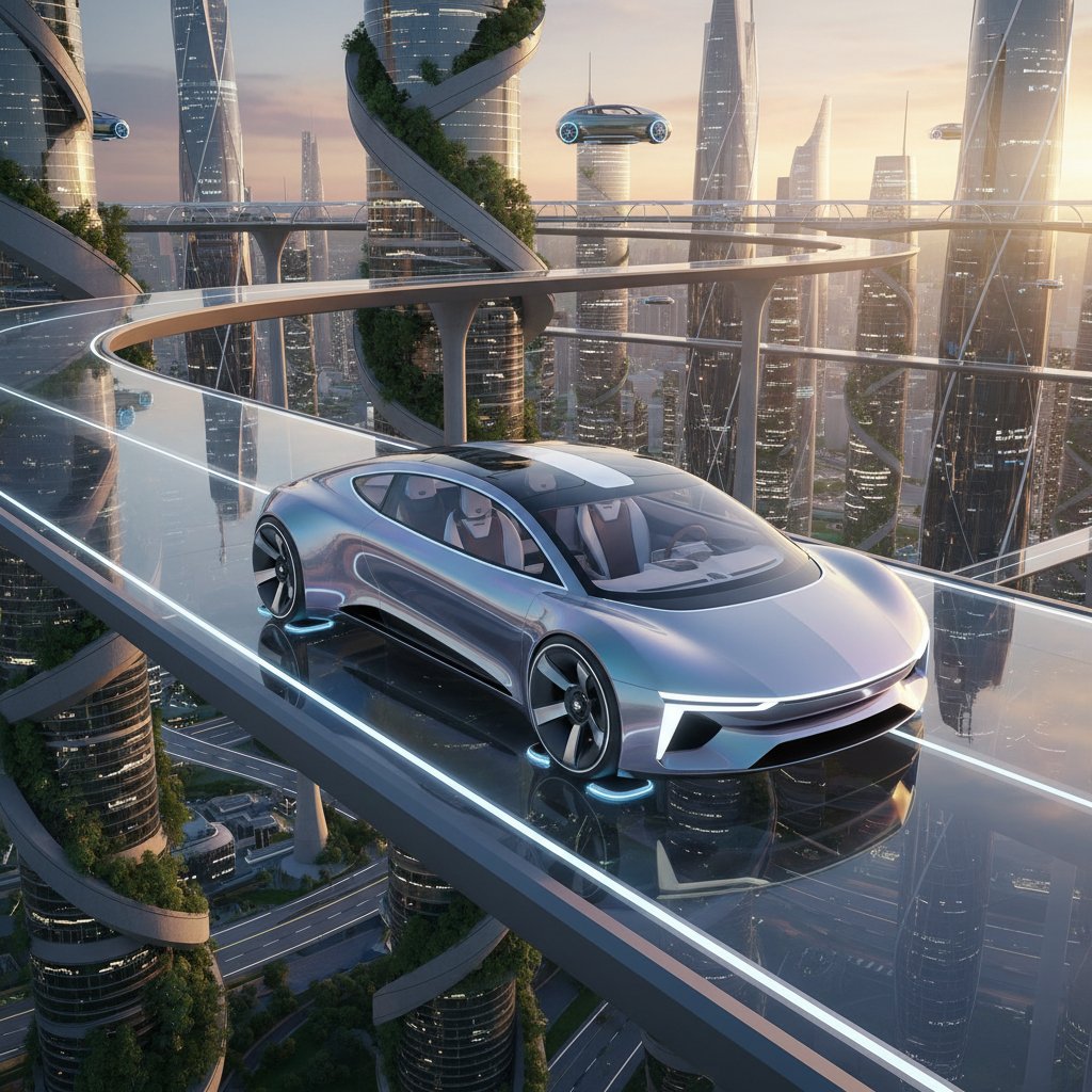 2025 concept car highlighting future tech trends, cityscape, dramatic lighting, futuristic design