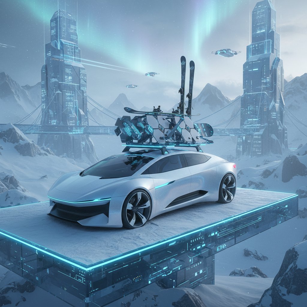 Futuristic car with modular AI-powered ski rack system, snowy tech landscape, ski rack cars future