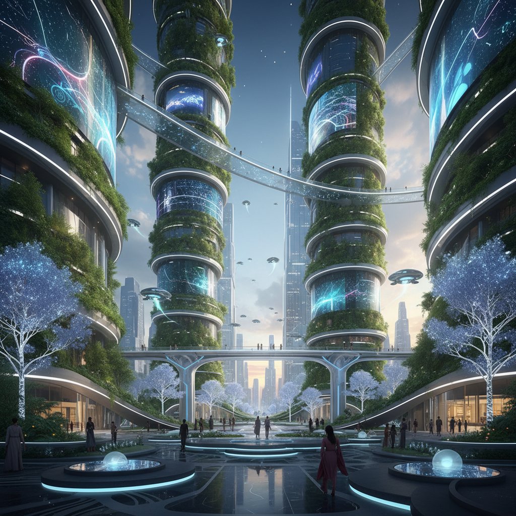 Futurystyczny park miejski z wertykalnymi ogrodami i cyfrową sztuką