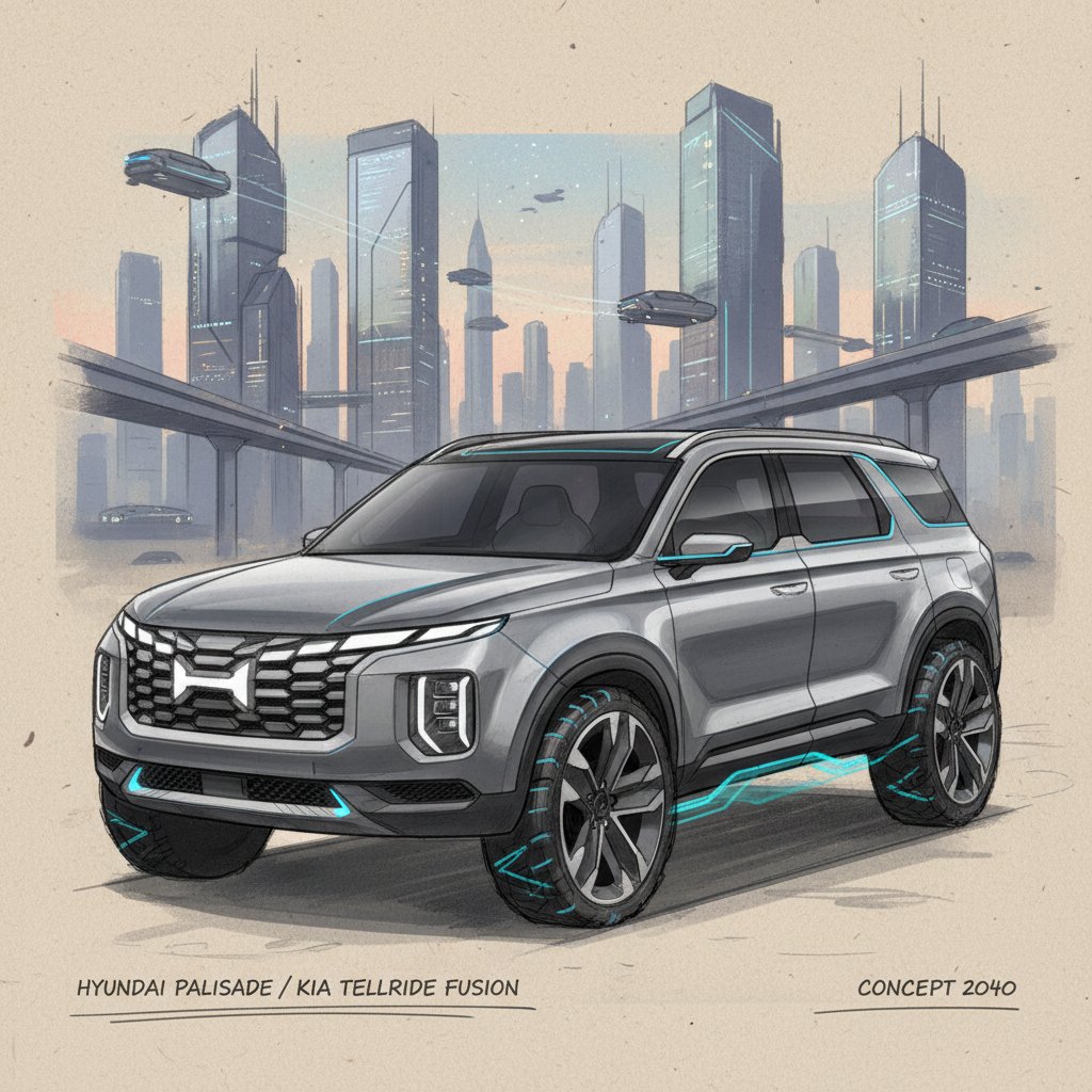 Concept sketches of futuristic next-gen SUVs with modern city background