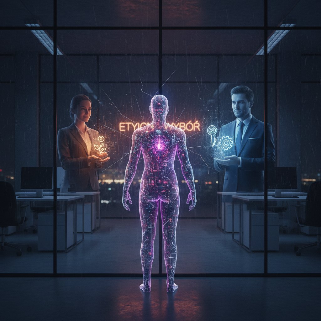 Cyfrowy awatar patrzący na ludzkie odbicie w szkle, nocne biuro, temat dylematów etycznych