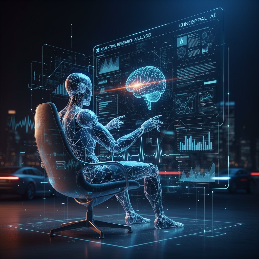 Conceptual visual of AI reading and assembling research in real time, moody high-contrast