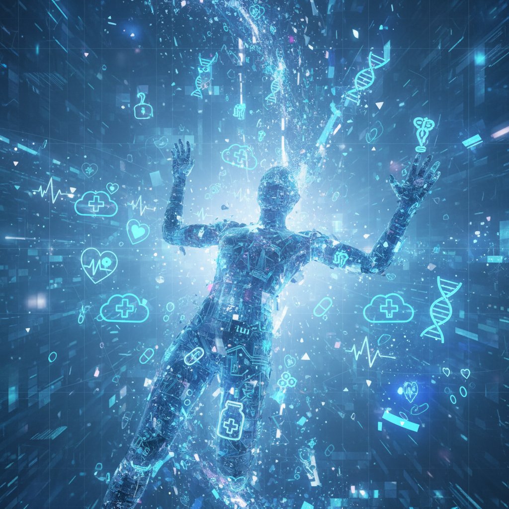 Cyberchondria – osoba tonąca w morzu cyfrowych ikon zdrowotnych, symbol XXI wieku