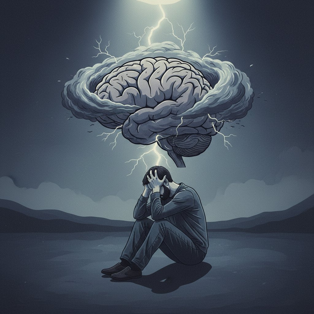 Ilustracja mózgu z chmurami burzowymi – wpływ pogardy na zdrowie