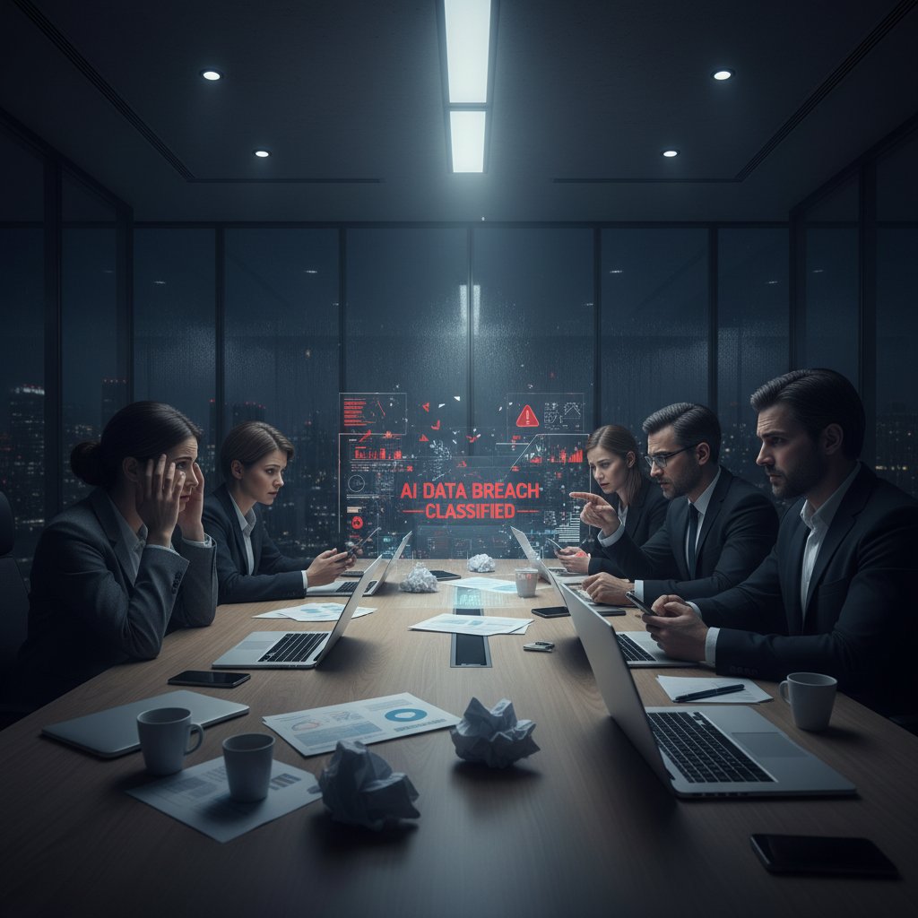 Spotkanie kryzysowe w firmie, zaniepokojeni pracownicy analizują ryzyko wycieku danych AI