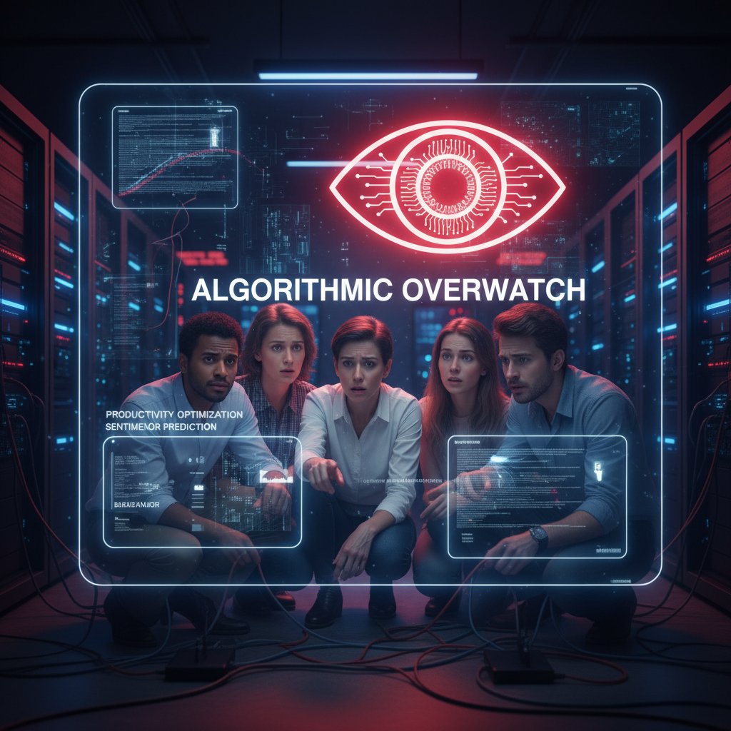 Zdjęcie zaniepokojonych pracowników biurowych śledzonych przez cyfrowe algorytmy