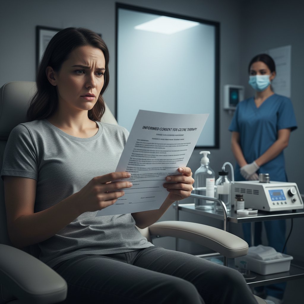 Zaniepokojony pacjent czytający zgodę na zabieg ozonoterapii
