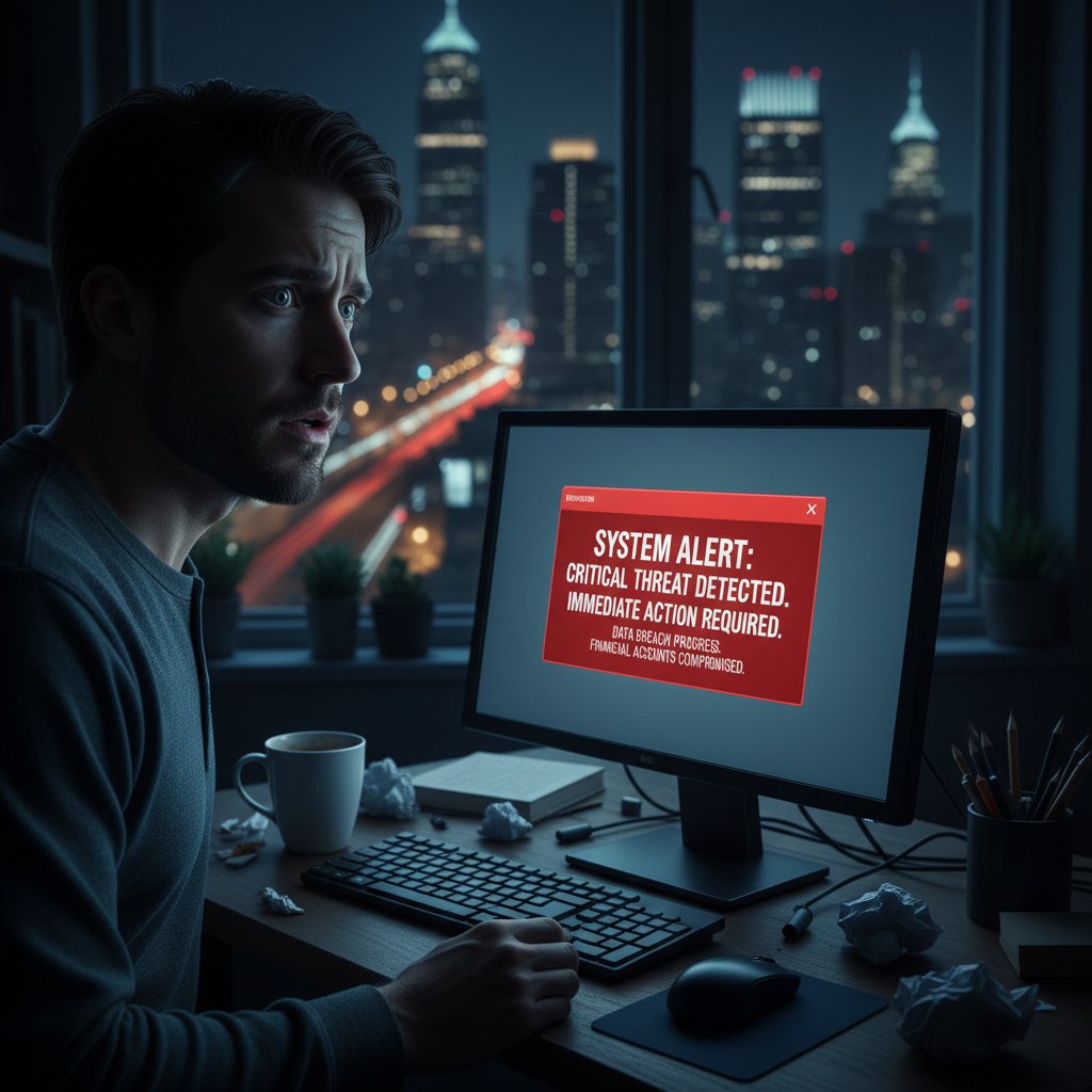 Osoba przy komputerze z napiętą miną, ekran z ostrzeżeniem o nieodpowiednich treściach, noc, urban landscape