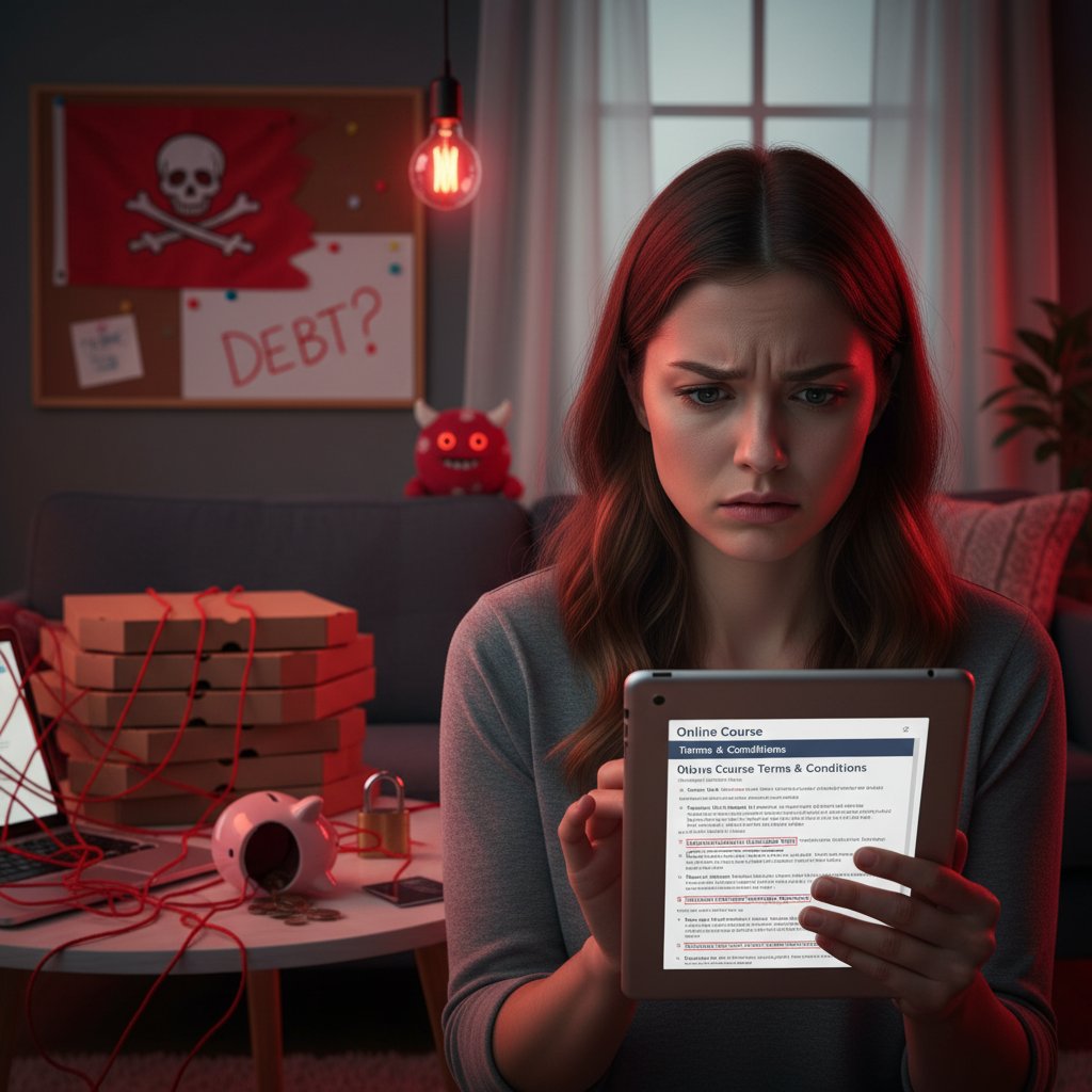 Zaniepokojona osoba czytająca regulamin kursu online, czerwone flagi, domowa scena