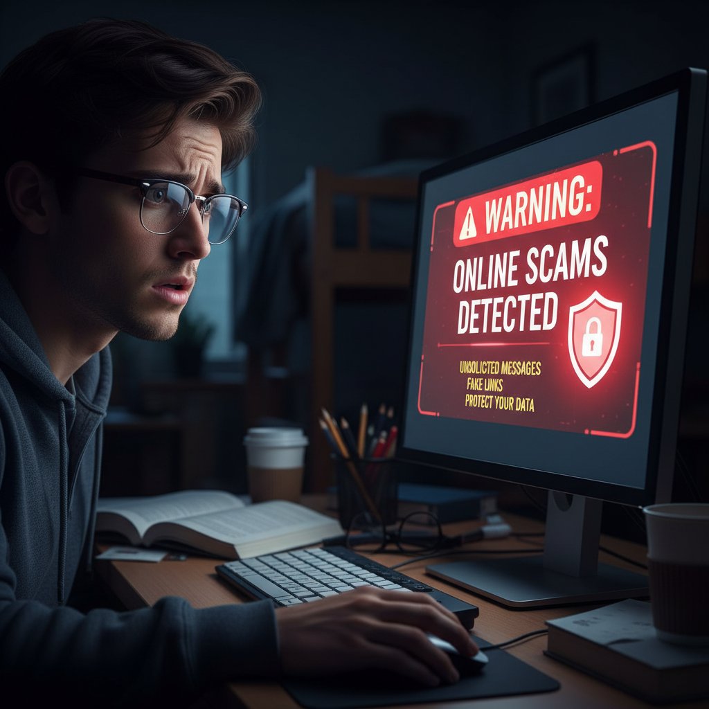 Zaniepokojony uczeń spoglądający na ekran z ostrzeżeniami dotyczącymi fałszywych ogłoszeń