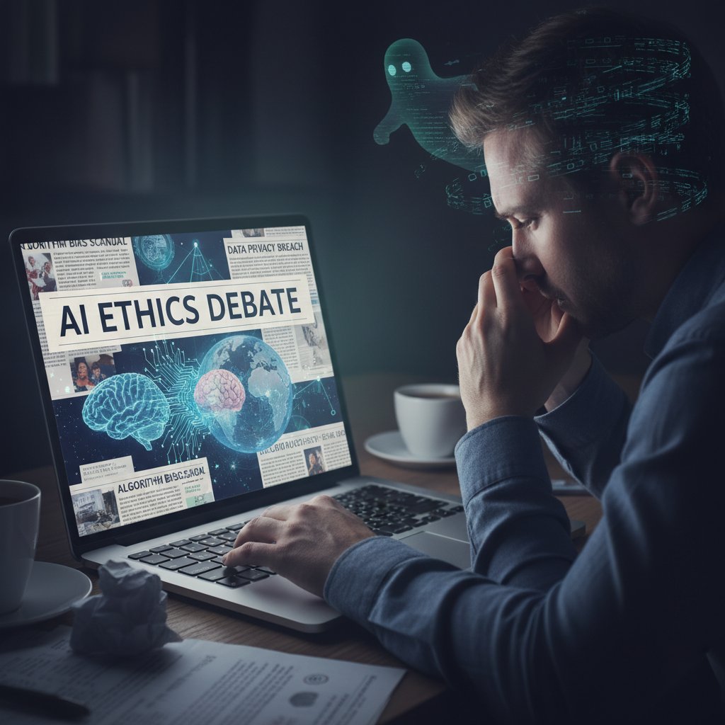 Zaniepokojony użytkownik patrzy na ekran, AI wyświetla kontrowersyjną odpowiedź, atmosfera niepewności