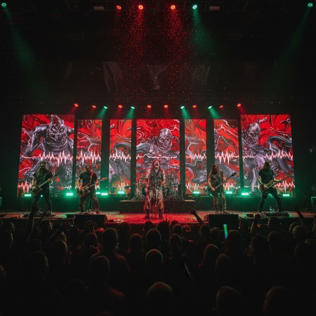 Band performing with splatter-themed visuals in the background at a high-energy concert