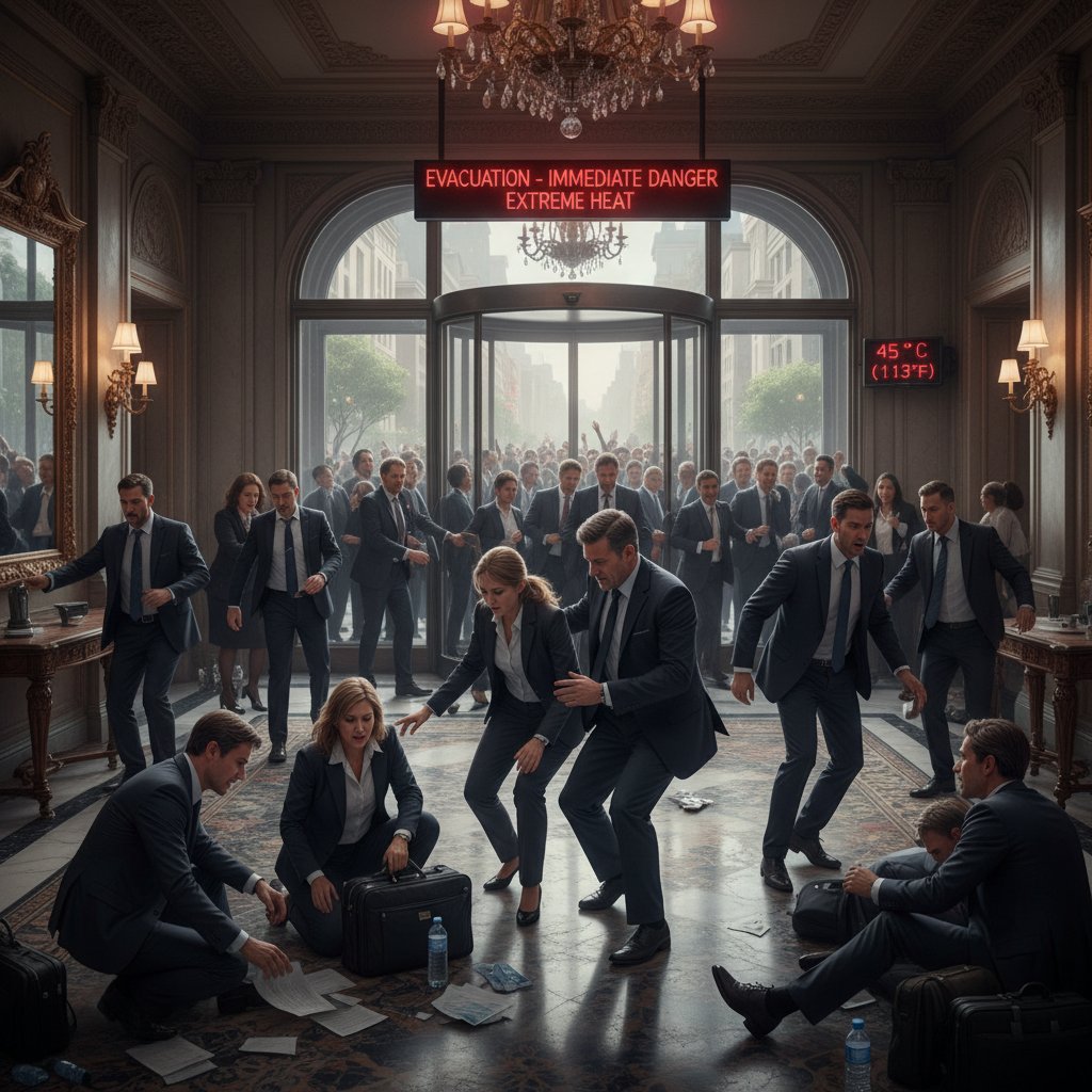 Ewakuacja uczestników szkolenia hotelowego, upał, zamieszanie