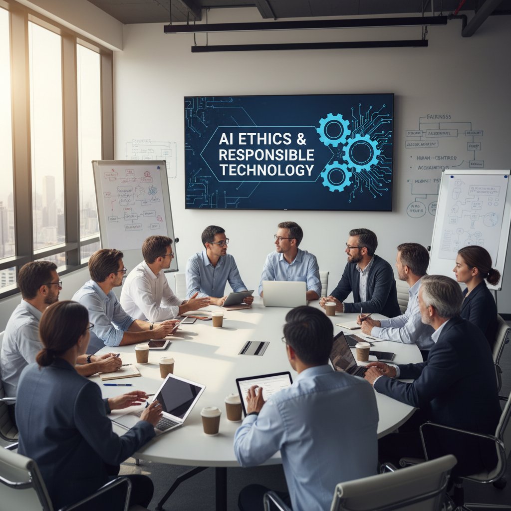 Grupa ludzi na konferencji AI, rozmawiająca o etyce technologii