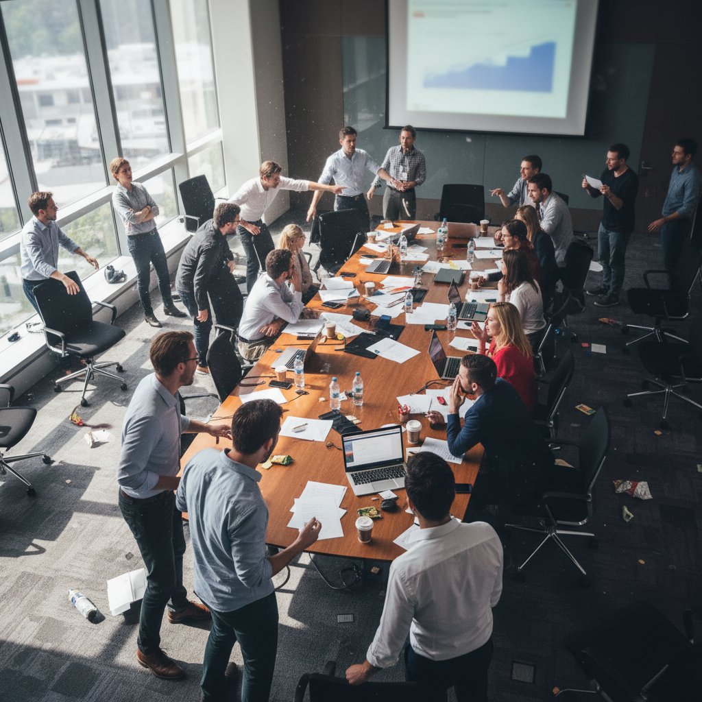 Sala konferencyjna, grupa ludzi w chaotycznej dyskusji po źle zadanych pytaniach otwartych